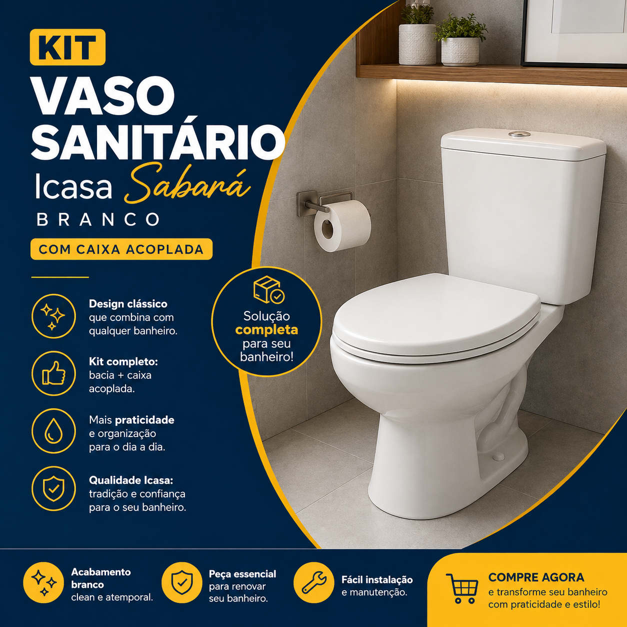 Kit Vaso Sanitário Bacia + Caixa Acoplada Icasa Sabara Branco