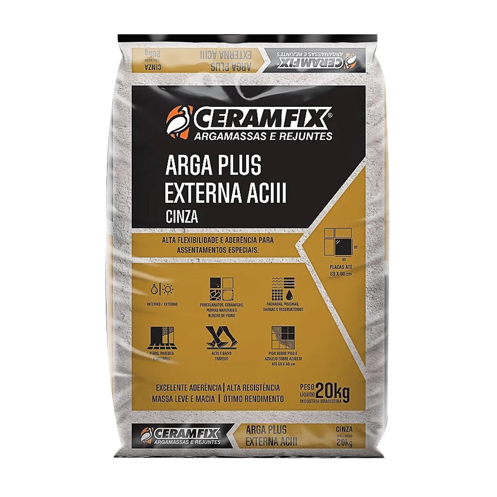 Argamassa AC III Porcelanato e Cerâmica uso Interno e Externo Ceramfix Arga Plus 20Kg Cinza - 603005