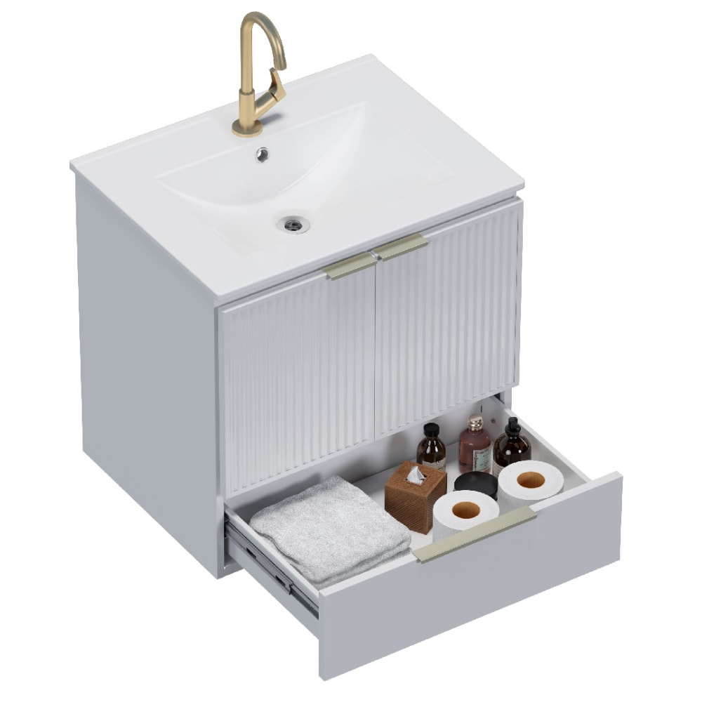 Armário Para Banheiro Em Aço 60cm Cozimax Pitaia Branco Com Lavatorio em Louça - 103354