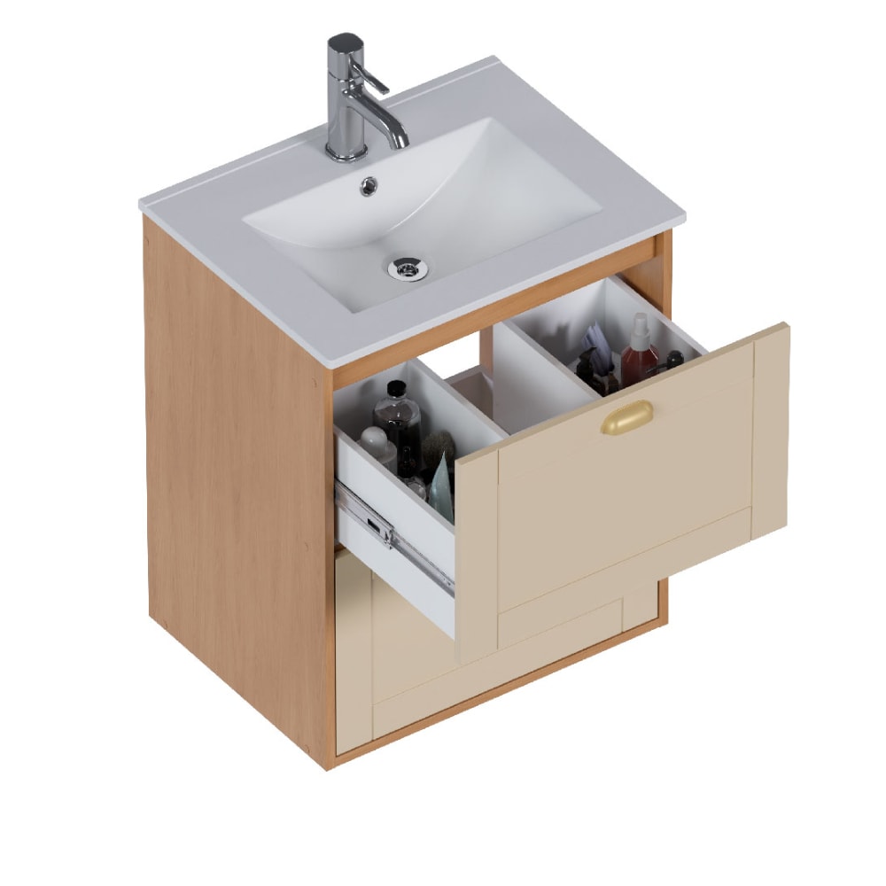 Armário Para Banheiro em Madeira 60cm Cozimax Grou Jequitiba e Areia Lavatorio em Louça - 103367