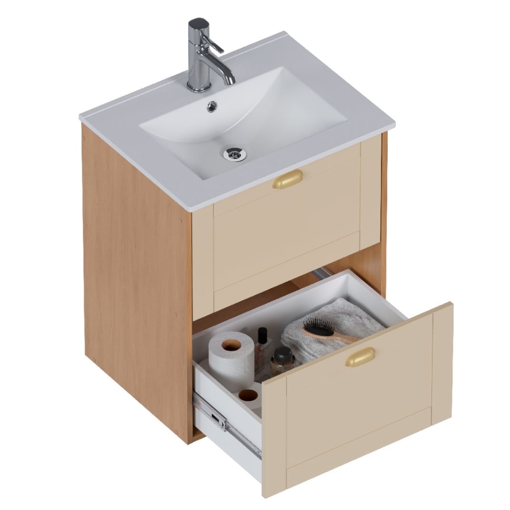 Armário Para Banheiro em Madeira 60cm Cozimax Grou Jequitiba e Areia Lavatorio em Louça - 103367