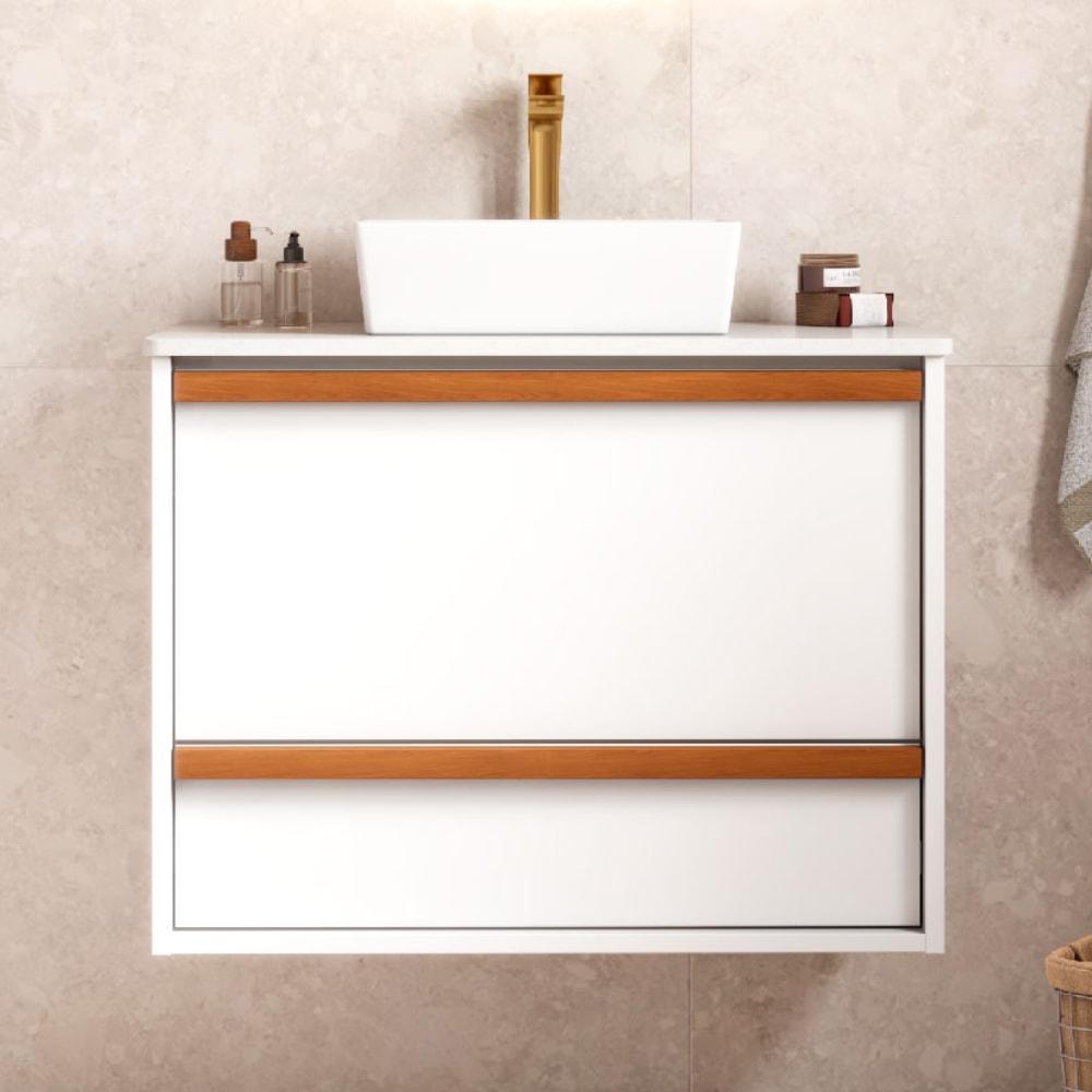 Armário Para Banheiro em Madeira 80cm Cozimax Amarilis Branco Com Tampo - 2439