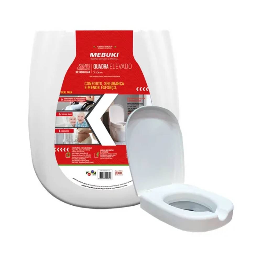 Assento Sanitário Elevado Mebuki Quadra Retangular 7,5cm Branco - 10400716