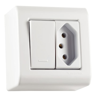Caixa de Sobrepor 1 Interruptor Simples 10A e 1 Tomada 2P+T Tramontina 20A 250V Branca - 57304020