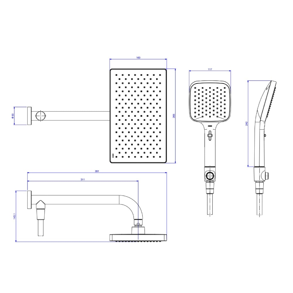 Chuveiro Retangular de Parede com Desviador Deca Flex Max Black Matte - 2086.BL.DES.MT