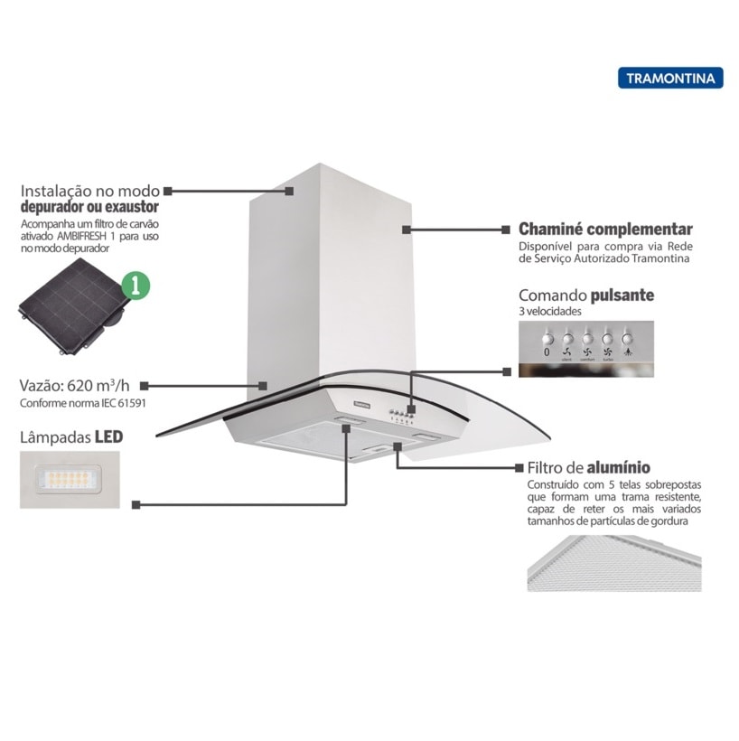 Coifa de Parede Tramontina New Vetro Aço Inox e Vidro Temperado 90cm 127V - 95800007