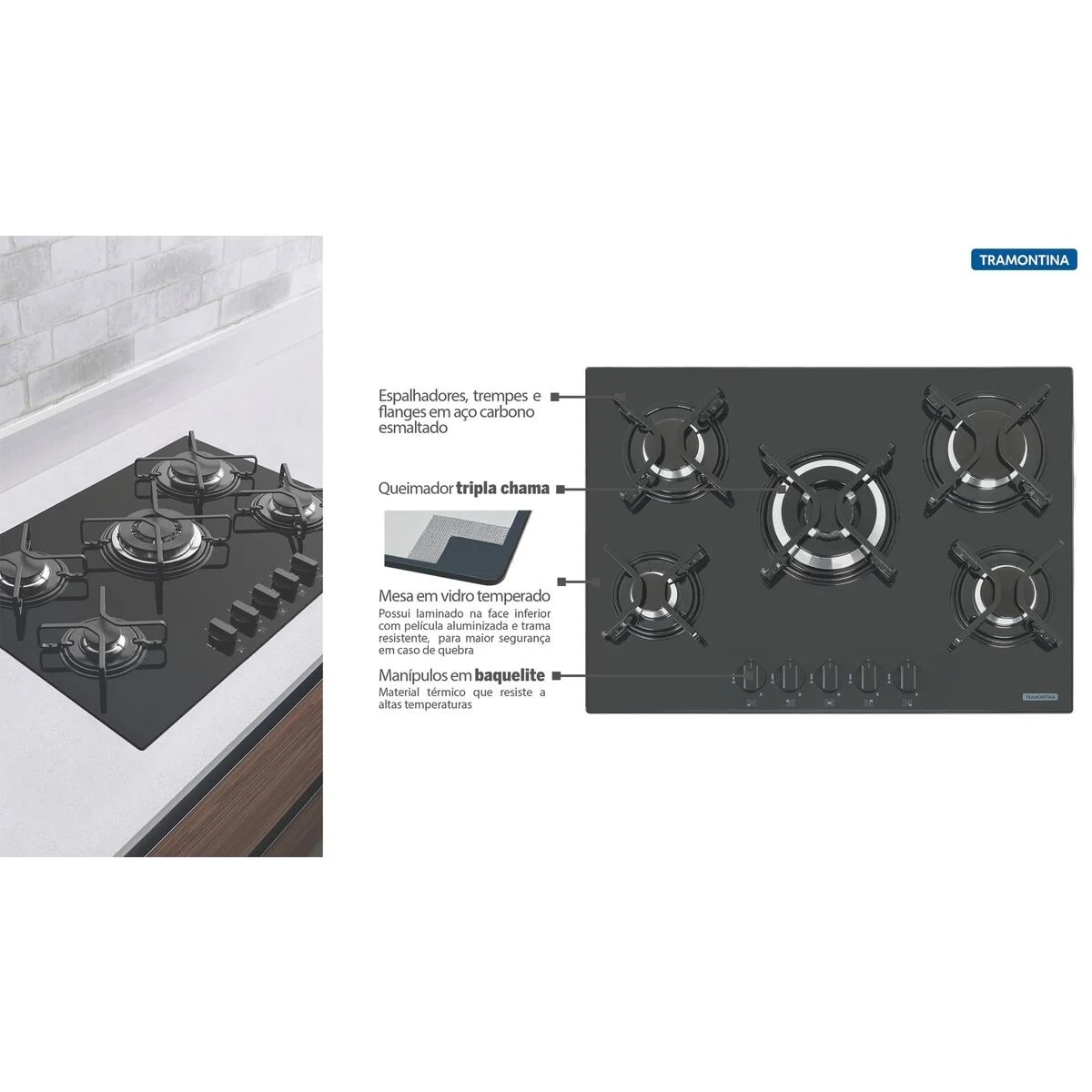 Cooktop a Gás 5 Bocas Tramontina Penta Acendimento Automático - 94708201