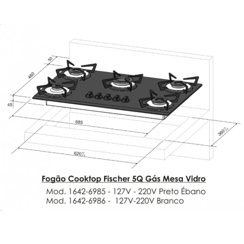 Cooktop a Gás Fischer 5 Boca Mesa Vidro Preto Bivolt - 1642