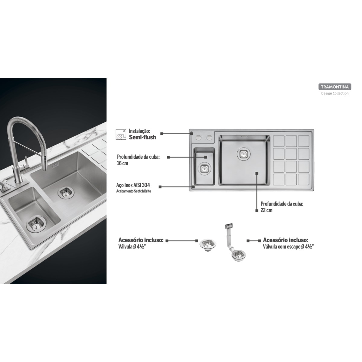Cuba Dupla para Cozinha de Embutir Aço Inox Scotch Brite Tramontina Quadrum 100x50cm - 93918103