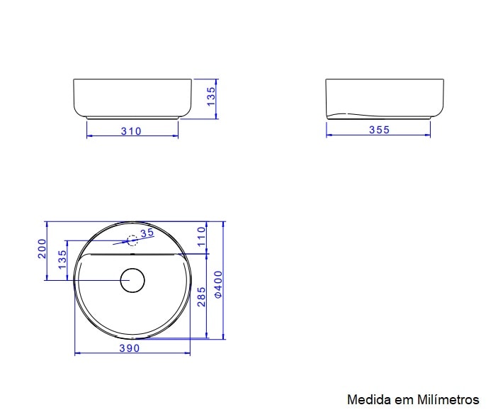 Cuba para Banheiro de Apoio Deca Redonda 40cm Ébano Fosco - L.12040.M.94
