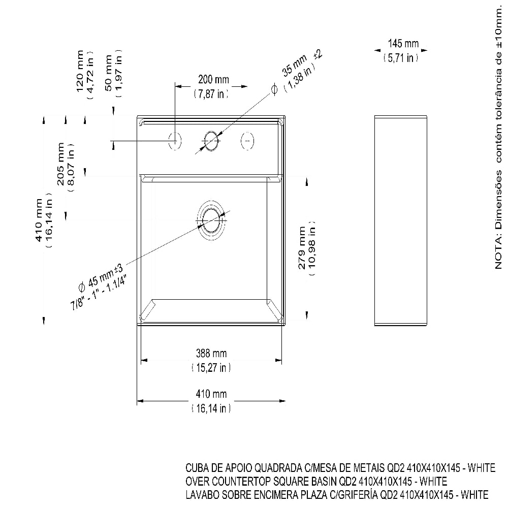 Cuba para Banheiro de Apoio Docol Quadrada 41x41cm Branca - 00970026