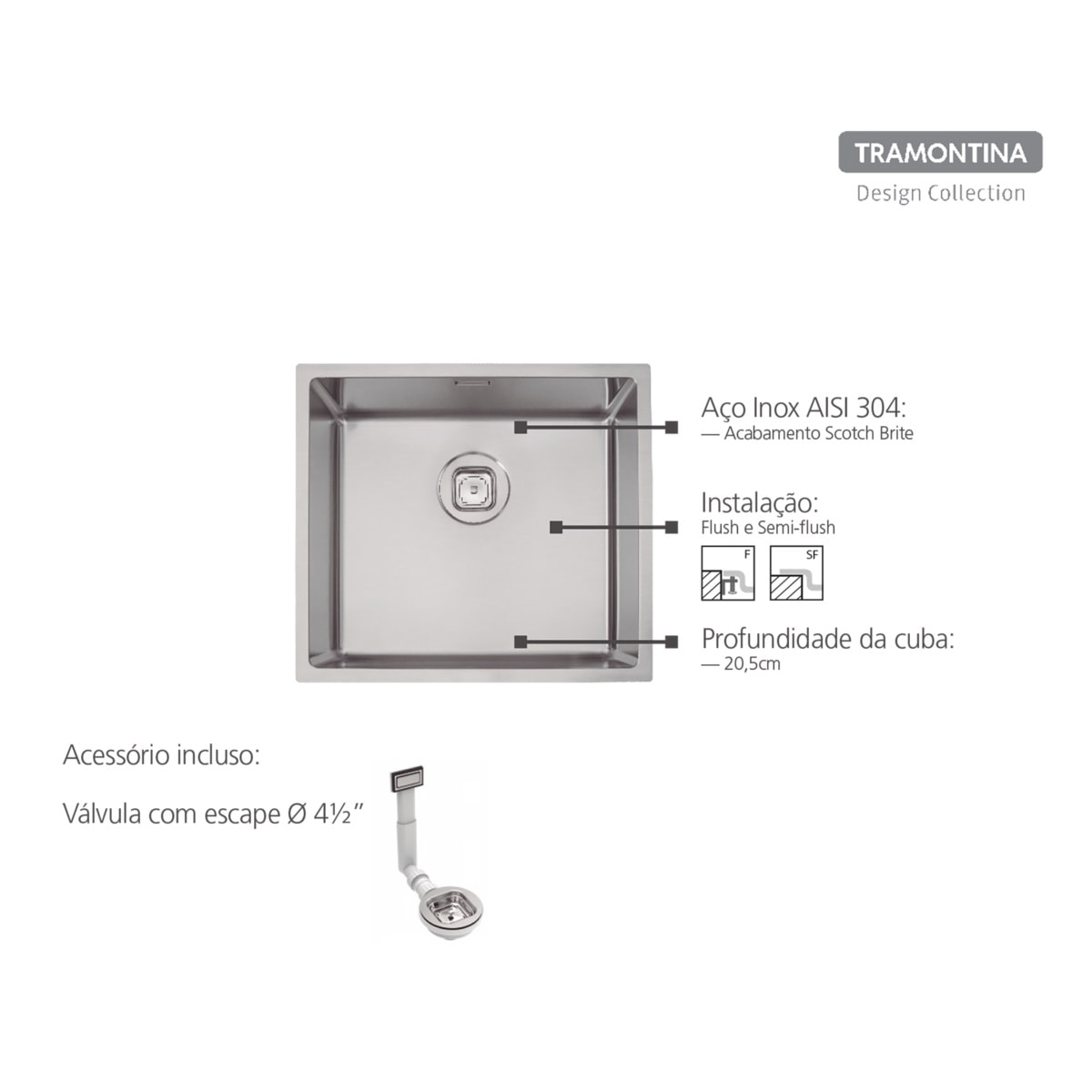 Cuba para Cozinha de Embutir Aço Inox Tramontina Design Collection Quadrum 45x40cm - 94006103