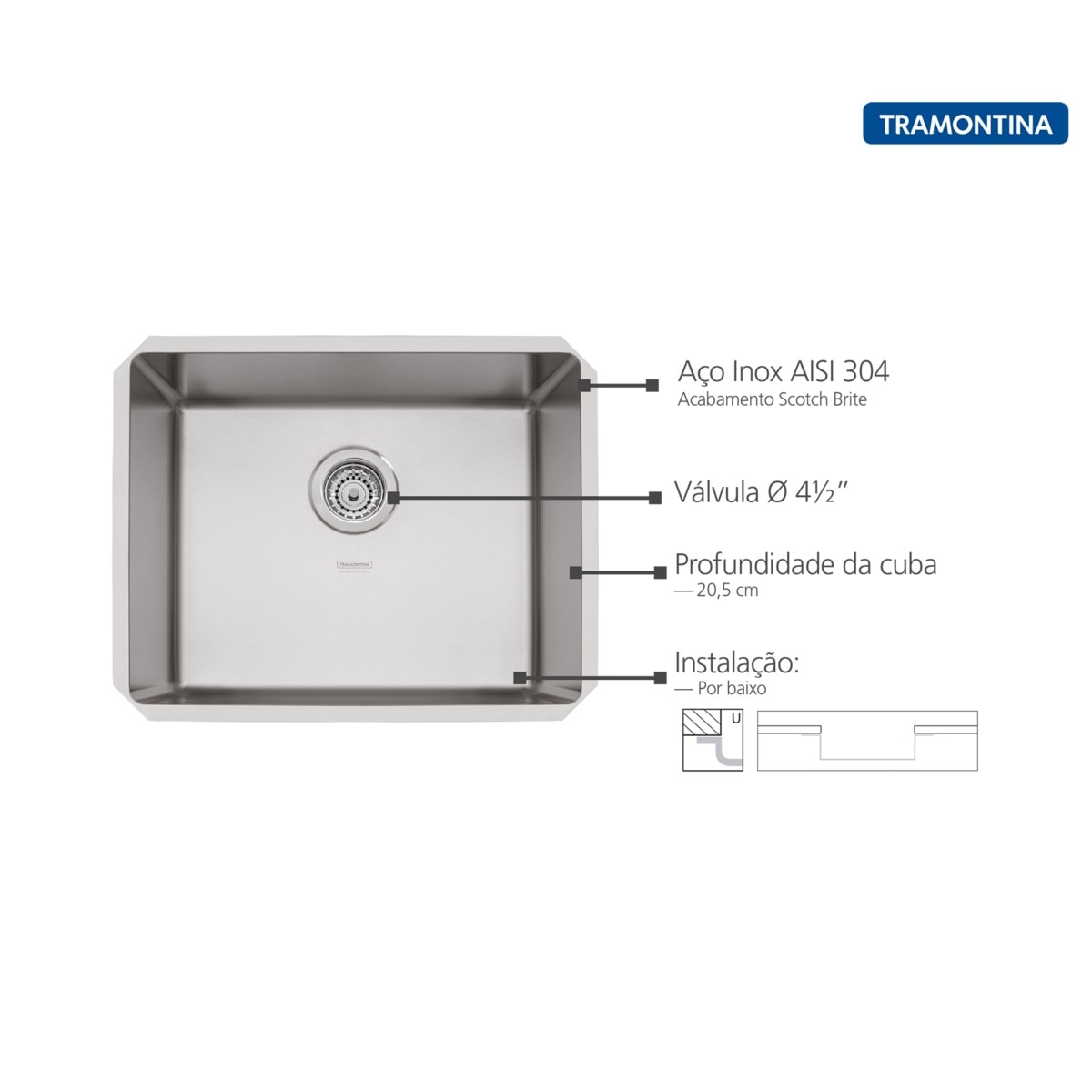 Cuba para Cozinha de Embutir Aço Inox Tramontina Design Collection Quadrum Undermount 50x40cm - 94007112