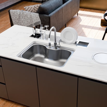 Cuba para Cozinha de Embutir Aço Inox Tramontina Morgana 60FX com Monocomando, Dosador de Sabão e Válvula 69x49cm - 93806/492