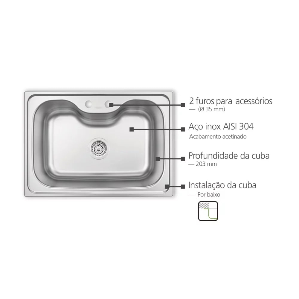 Cuba para Cozinha de Embutir / Sobrepor Aço Inox Acetinado Tramontina Morgana 69x49cm - 93806192