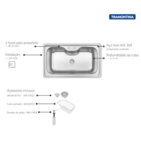 Cuba para Cozinha de Sobrepor Aço Inox Tramontina Morgana 86x50cm + Acessórios - 93801152