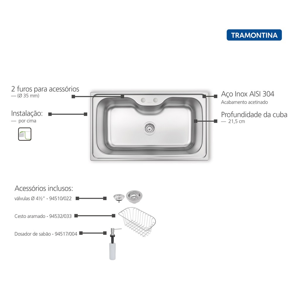 Cuba para Cozinha de Sobrepor Aço Inox Tramontina Morgana 86x50cm + Acessórios - 93801152