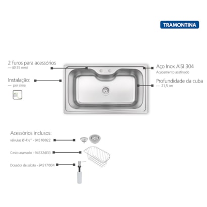 Cuba para Cozinha de Sobrepor Aço Inox Tramontina Morgana 86x50cm + Acessórios - 93801152