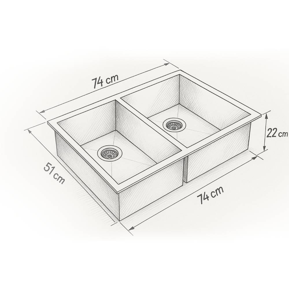 Cuba para Cozinha Dupla de Embutir Aço Inox com Valvúla Dax 74x51cm - DAX-0014-BK-ST