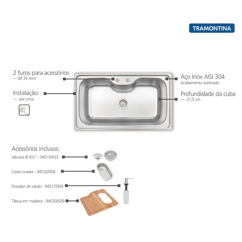 Cuba para Cozinha Tramontina em Aço Inox para Sobrepor Morgana 86x50cm com Acessórios - 93801102