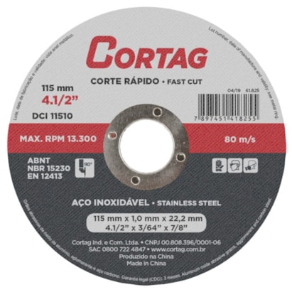 Disco de Corte Abrasivo Cortag Fino Inox 115x22mm - 61825