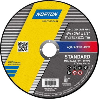 Disco de Corte Norton Standard 115x22,23mm - 66252849762