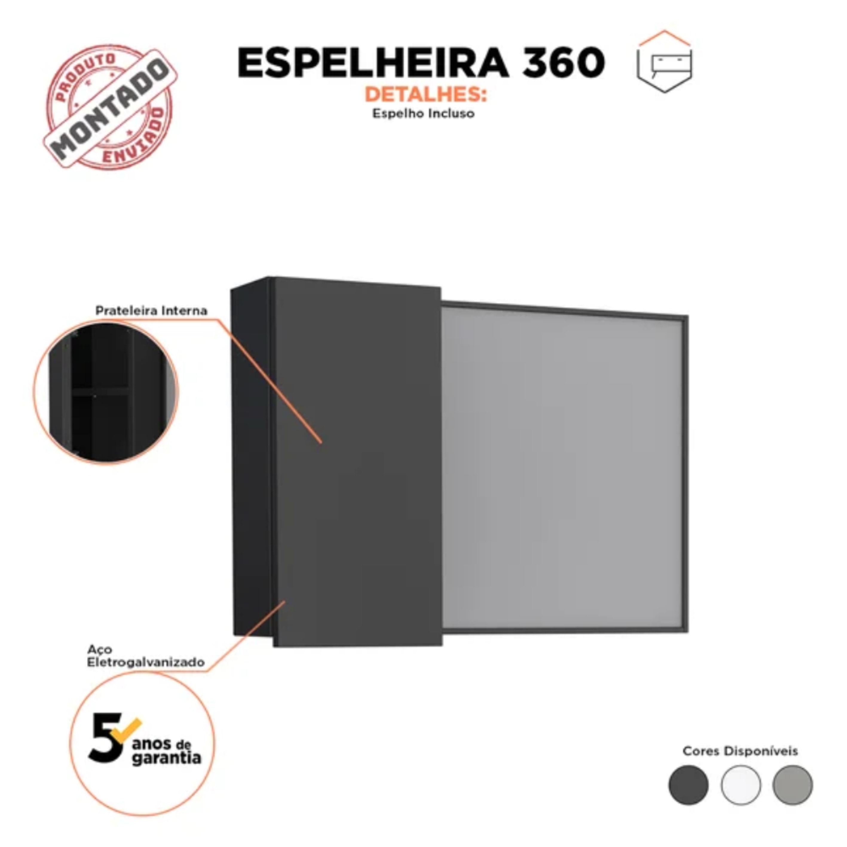 Espelheira para Banheiro em Aço Cozimax Preto - P102891