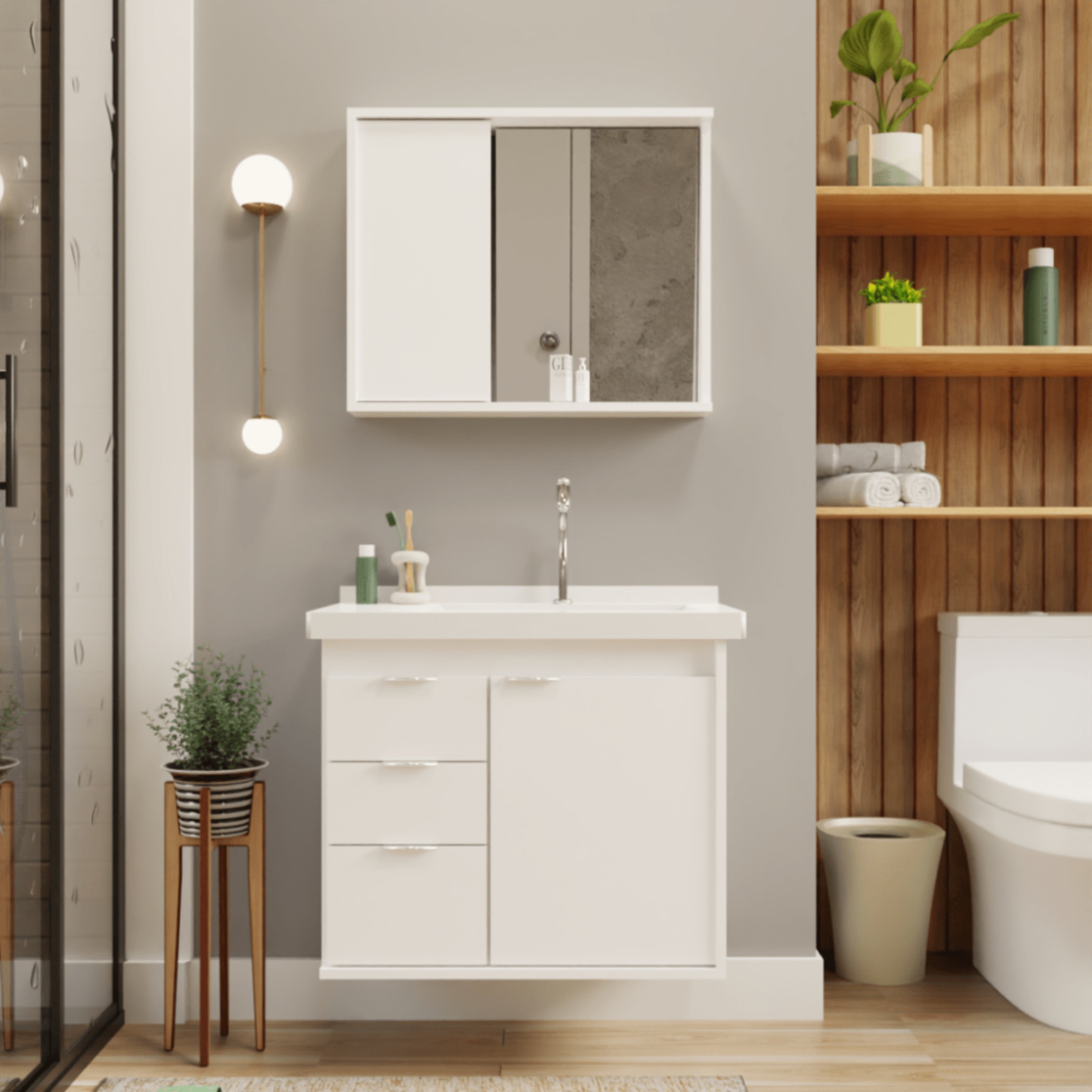 Espelheira para Banheiro em MDF Fimap Unik 80cm Grafite/Branco - 955P.122