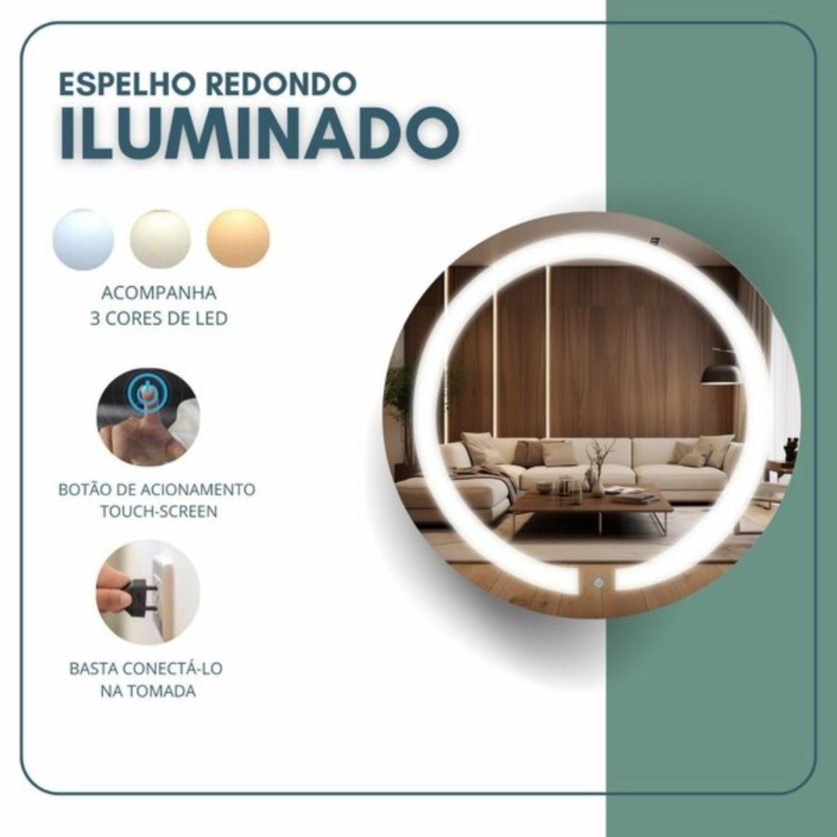 Espelho Reduna Touch Screen 60x60cm Redondo com LED - PD1674