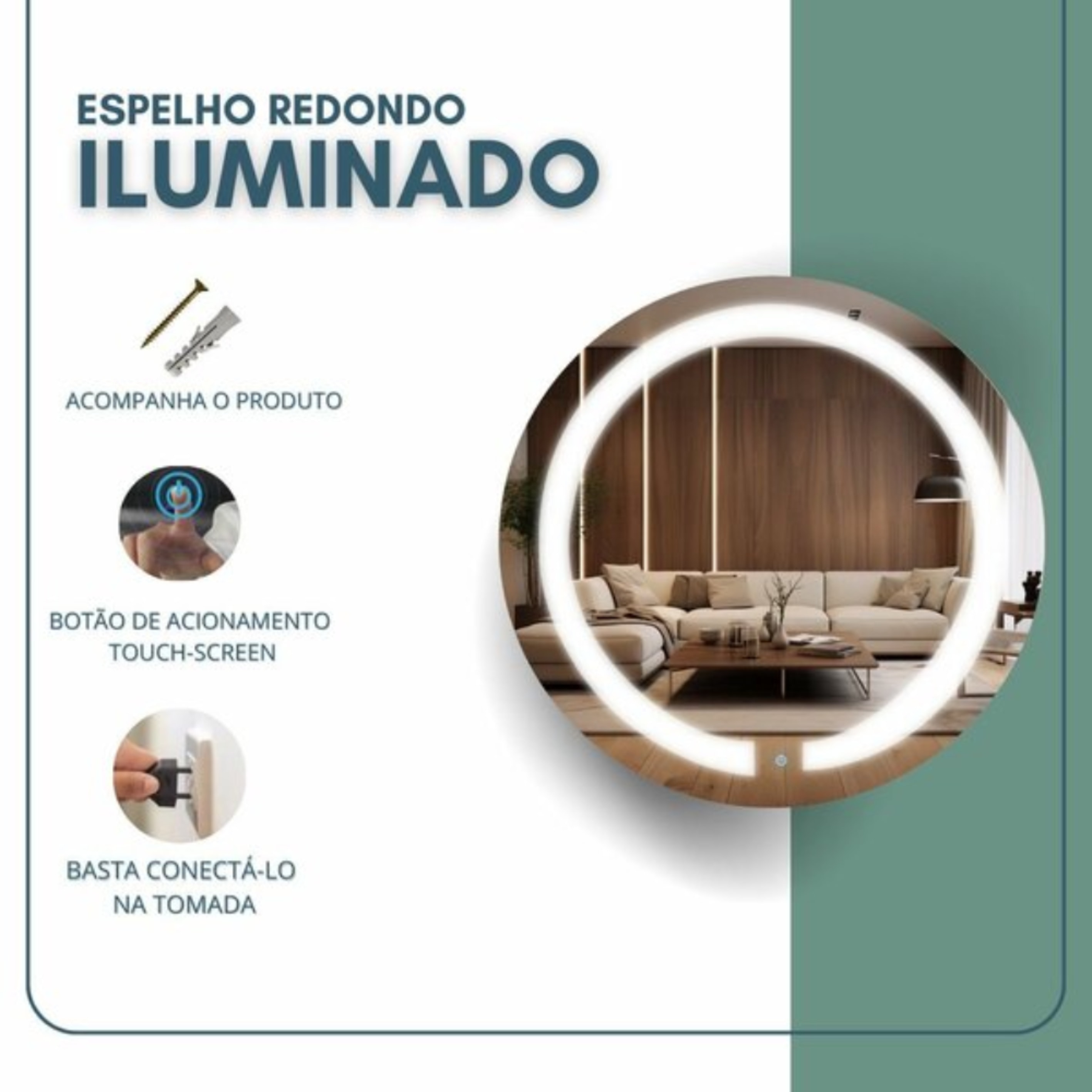 Espelho Reduna Touch Screen 60x60cm Redondo com LED - PD1674