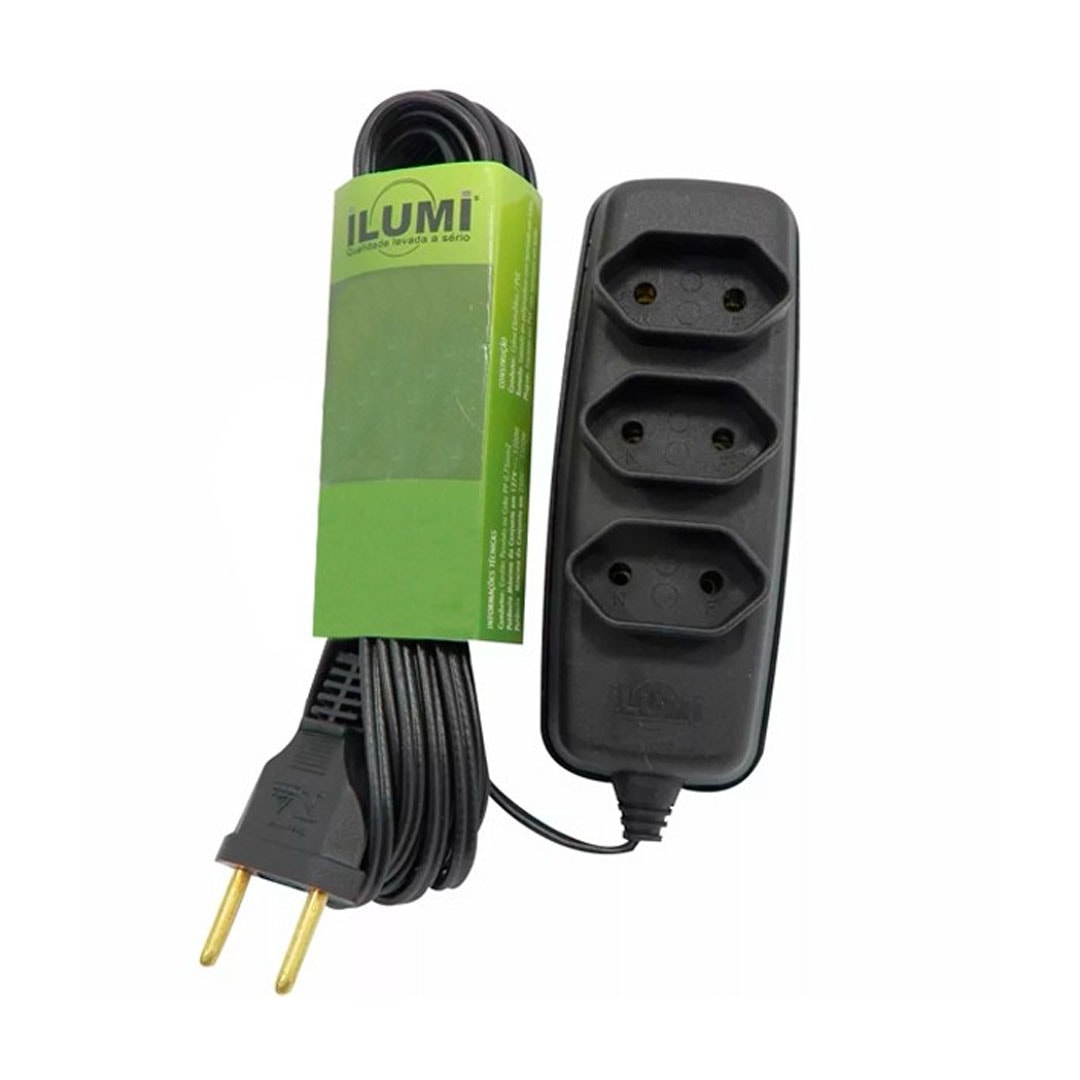 Extensão Elétrica Ilumi 2P Bipolar com Cordão Paralelo 10A 250V 3m Preto - 17912