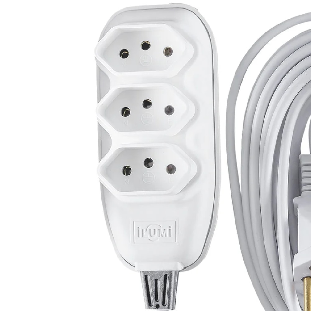 Extensão Elétrica Ilumi 3 Vias 10A 250V Cabo 5m Branco - 171001