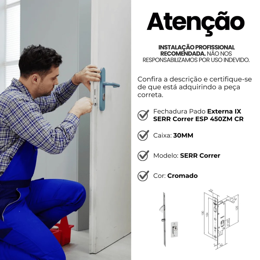 Fechadura de Porta de Correr Externa Pado Serralheiro IX 450ZM - 54015872