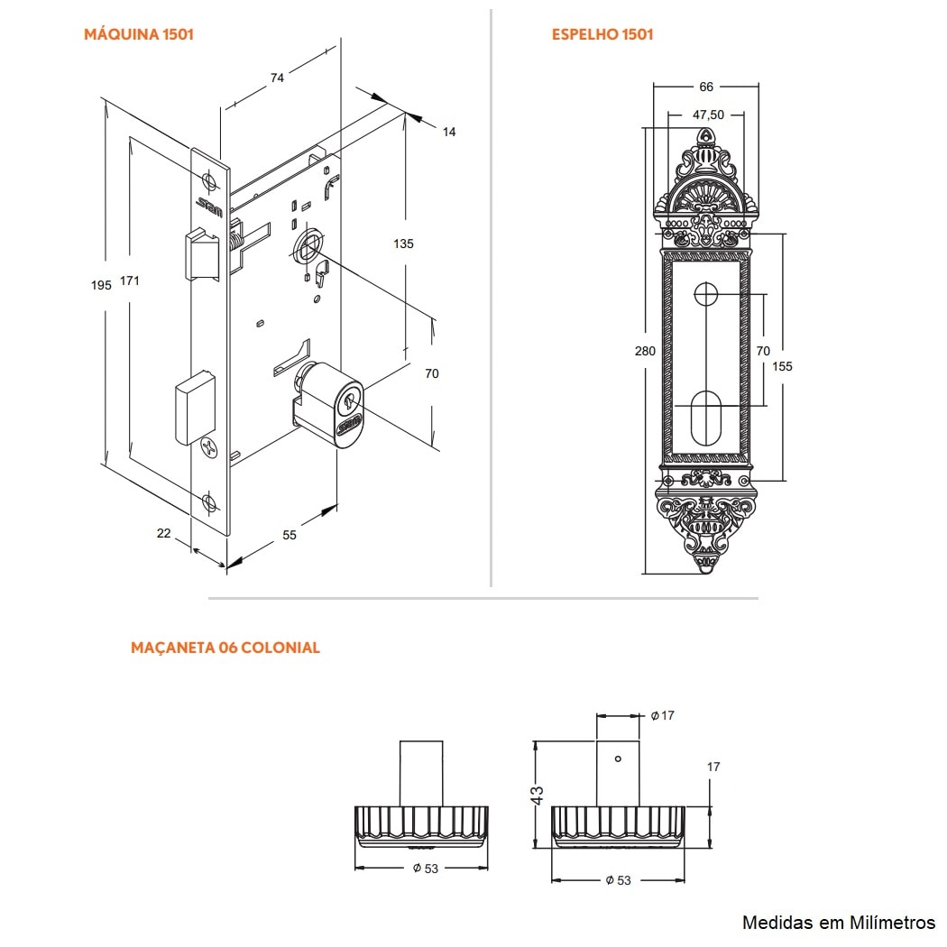 Fechadura de Porta Externa Stam Colonial 1501/06 55mm - 33863