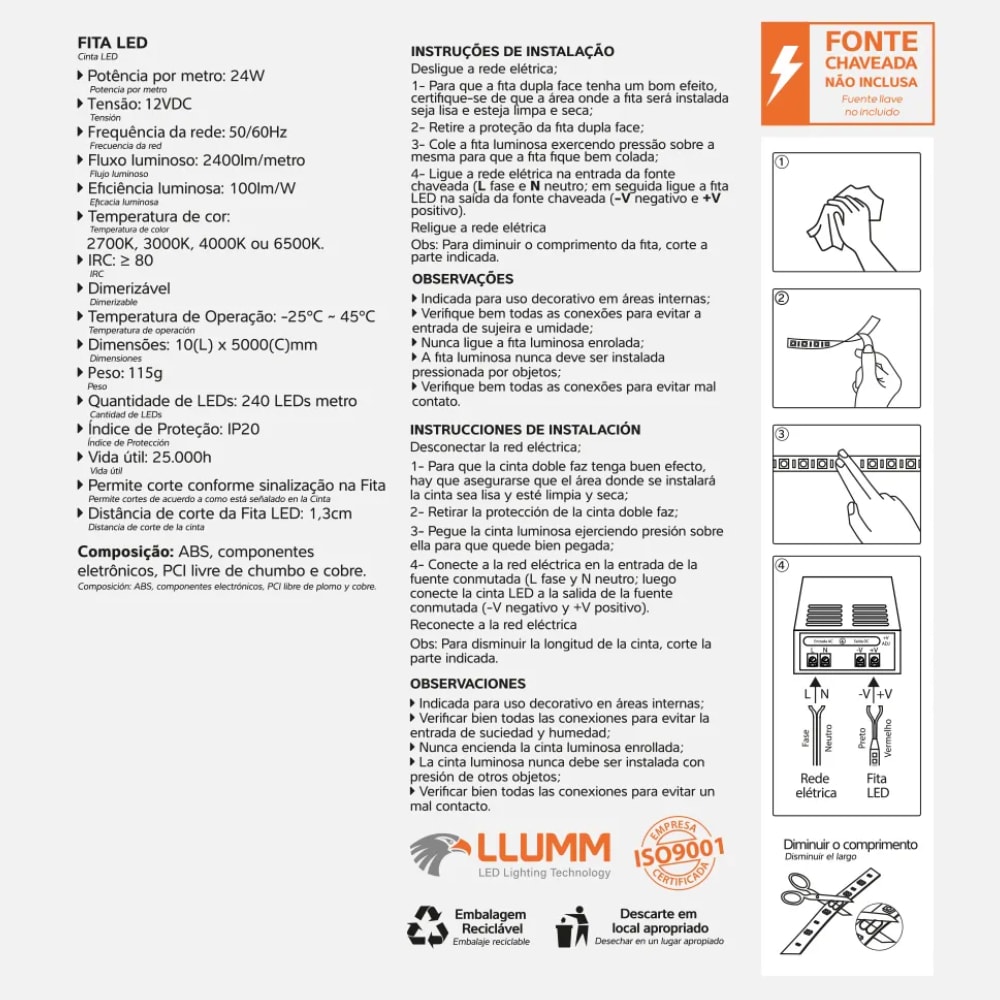 Fita LED LLUMM IP20 5 Metros 12V 4000K - 41738