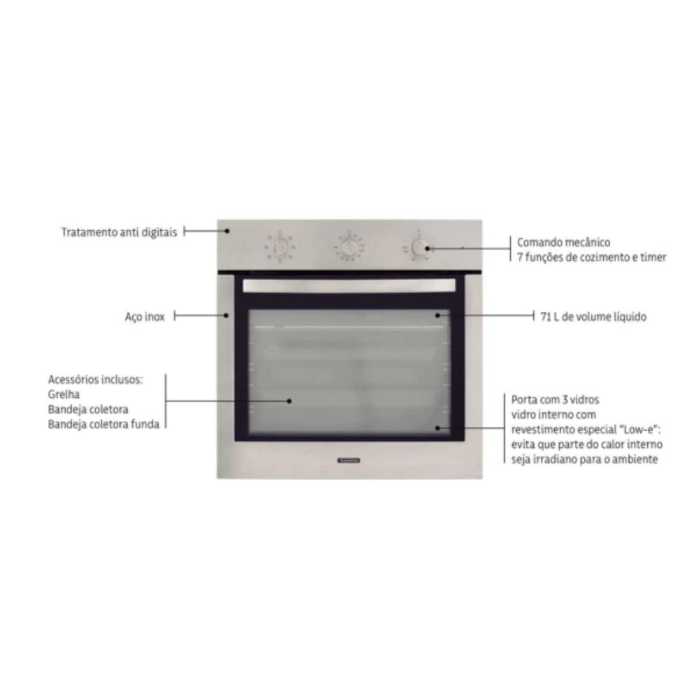 Forno Elétrico de Embutir em Aço Inox Tramontina Inox Cook 7 Funções 73L 220V - 94869220