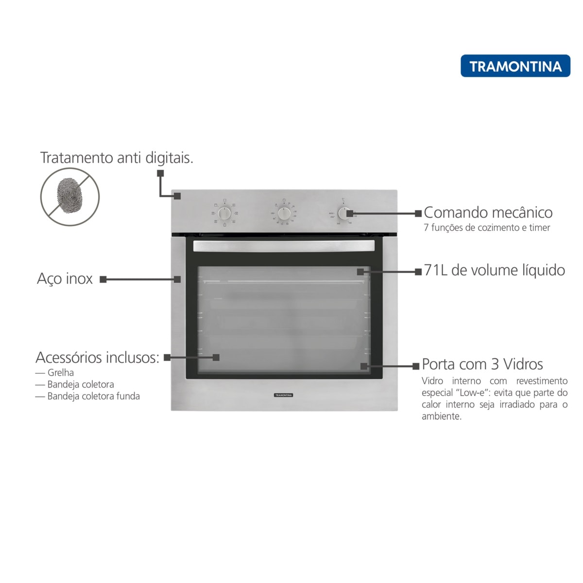 Forno Elétrico de Embutir Tramontina New Inox Cook Aço Inox 7 Funções 71L 220V - 94866220