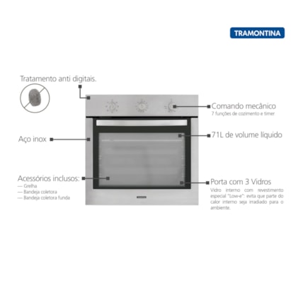 Forno Elétrico de Embutir Tramontina New Inox Cook Aço Inox 7 Funções 71L 220V - 94866220