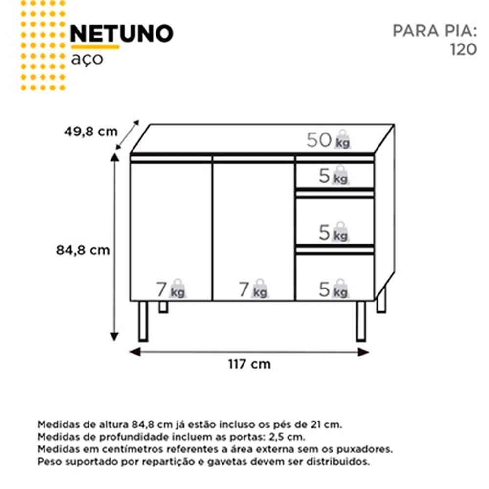 Gabinete de Cozinha em Aço para Pia 120cm Cozimax Netuno Preto