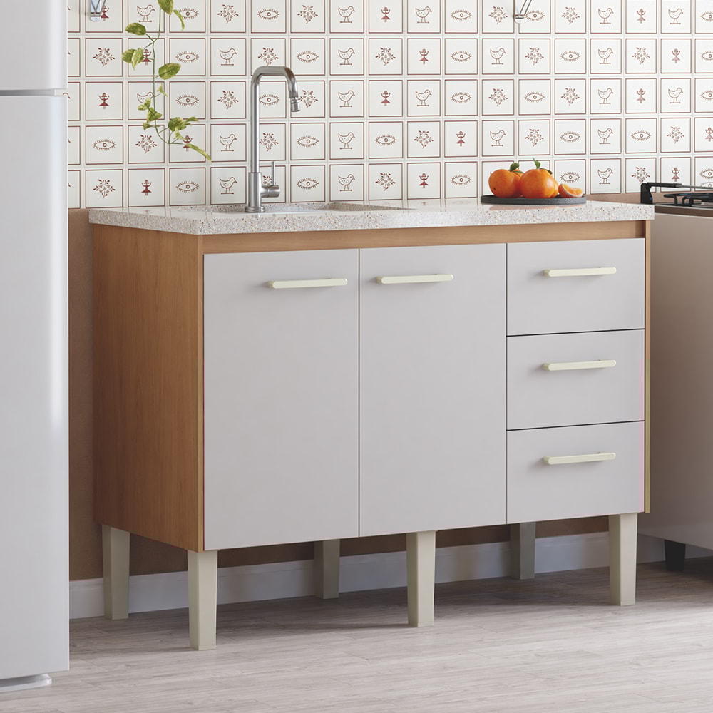 Gabinete de Cozinha em Madeira Para Pía 120cm Cozimax Íbis Jequitib/Nude - 103636