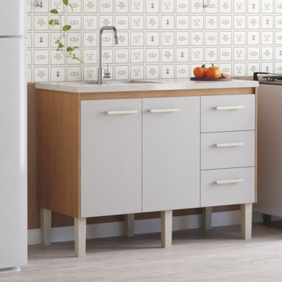 Gabinete de Cozinha em Madeira Para Pía 120cm Cozimax Íbis Jequitib/Nude - 103636