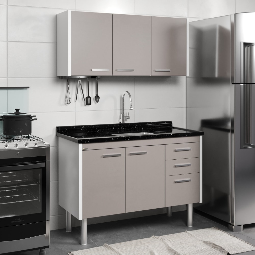 Gabinete de Cozinha em Madeira Valenza para Pia 116cm AJR Texturizado Branco - 560147