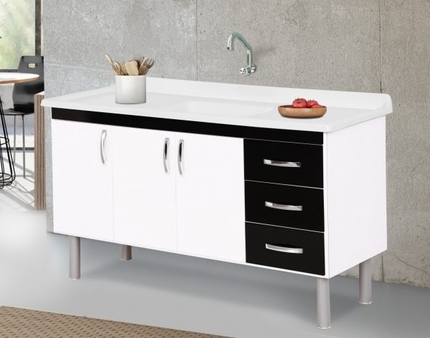 Gabinete de Cozinha em MDP para pia 150cm A.J.Rorato Tóquio Branco e Preto - 539415
