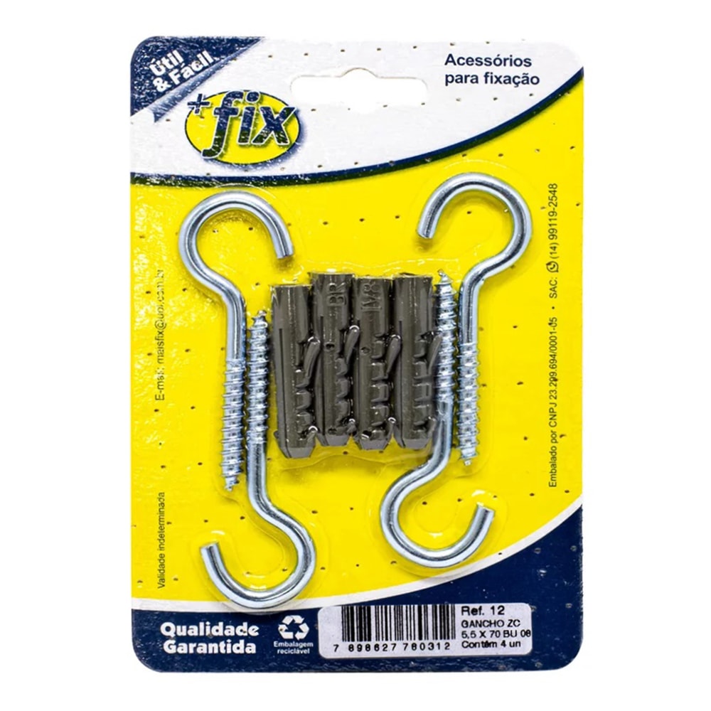 Gancho +Fix Zinco 5.5x70 Bucha Nº8 4 Peças - R.12