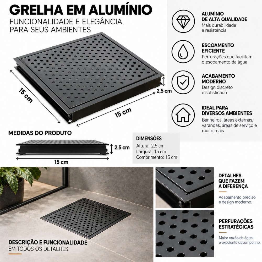 Grelha Perfurada em Inox JJM 15x15cm Preta - 1115