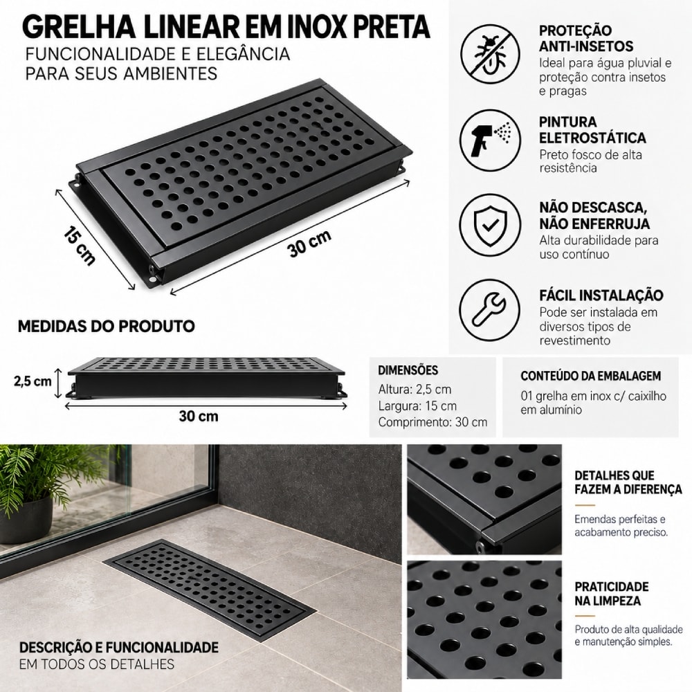 Grelha Perfurada em Inox JJM 15x30cm Preta - 1106