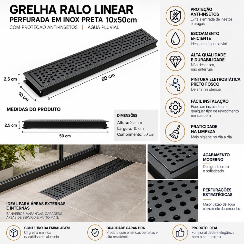 Grelha Perfurada em Inox JJM 15x50cm Preta - 1098