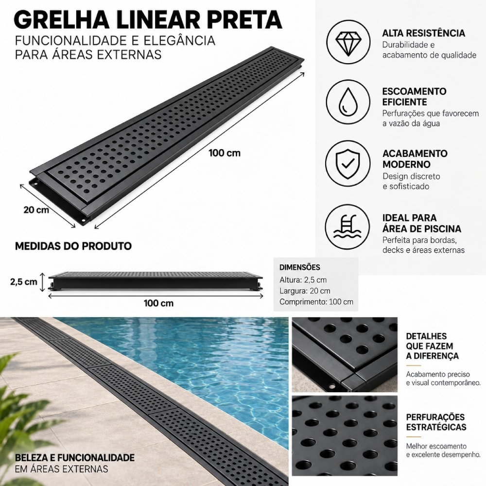 Grelha Perfurada em Inox JJM 20x100cm Preta - 1073