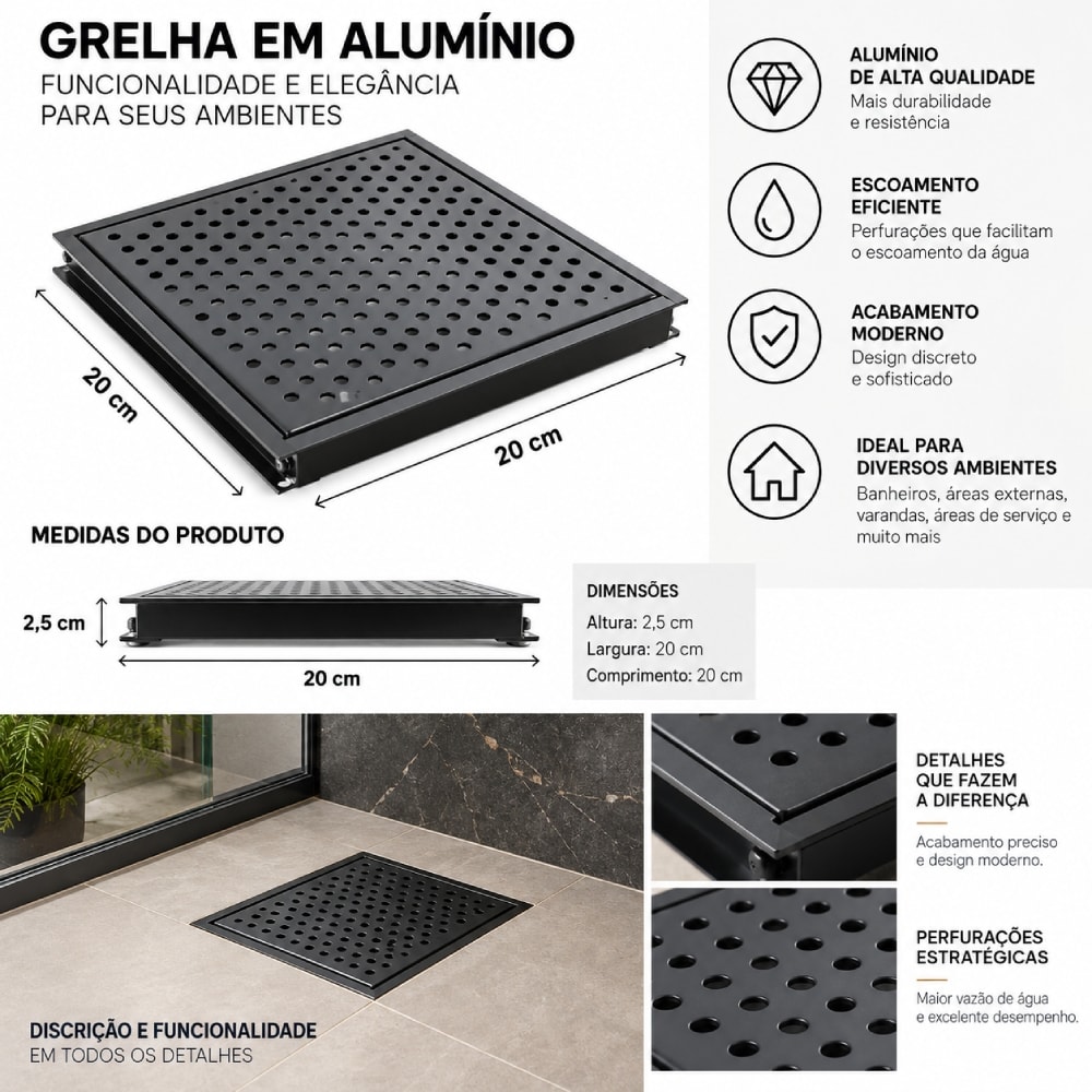 Grelha Perfurada em Inox JJM 20x20cm Preta - 1090