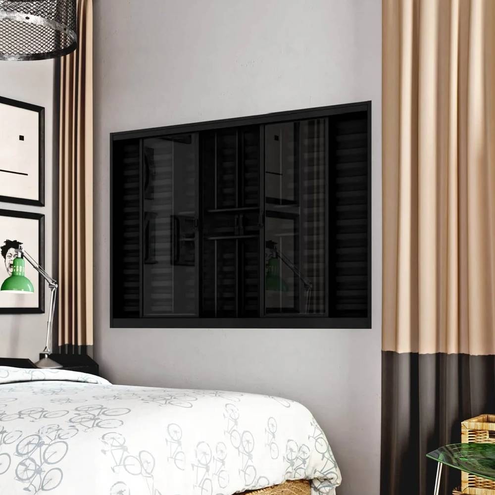 Janela de Correr Alumínio 150X100X12cm CRV Standard 6 Folhas 2 Fix com Grade Black - 998267